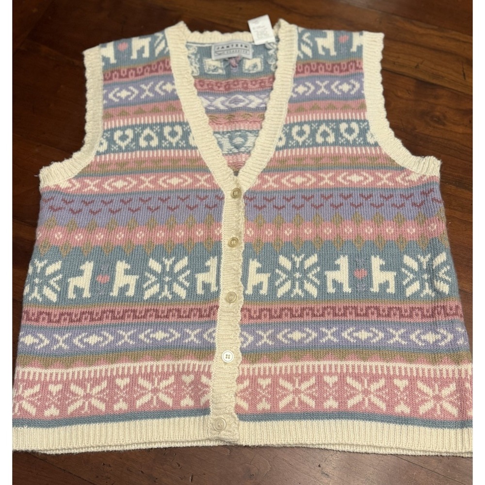 Vintage 90s Jantzen Classics Fair Isle Cat Sweater Vest Large Pastel Knit Button